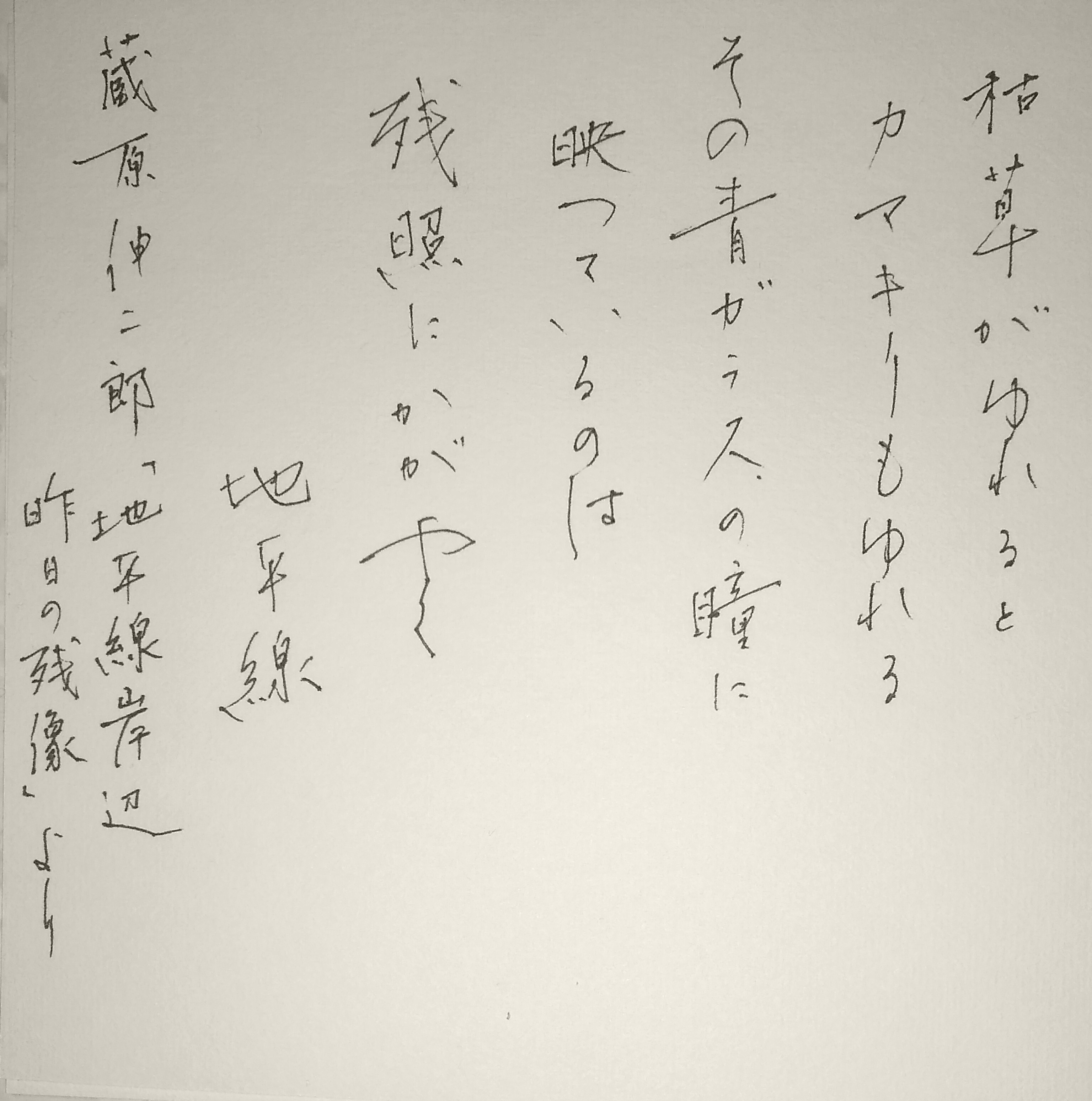 ペン字 創作 蔵原伸二郎「地平線岸辺 昨日の残像」より ペン字 創作 蔵原伸二郎「地平線岸辺 昨日の残像」より